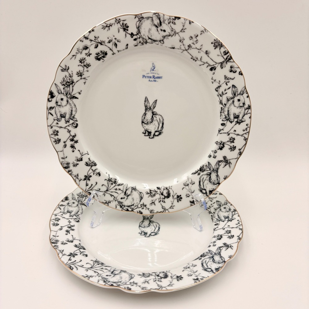 Laura Ashley Peter Rabbit Dinner Plates Set of 2 Toile Bunny Gold Rim Easter